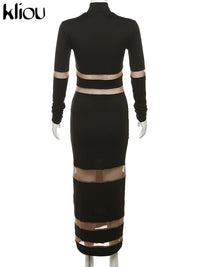 kliou Autumn Women Mesh Patchwork Maxi Dress Elegant Sexy See Through Long Sleeve O-neck Robe Party Female Trend Party Vestidos