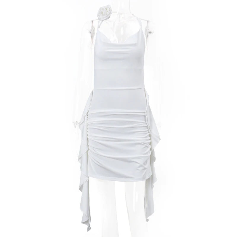 WhereMery Elegant Women Ruffles Backless Mini Dress Y2K Fashion Sleeveless Halter 2024 Summer Dresses Sexy Low-cut Tight Vestido