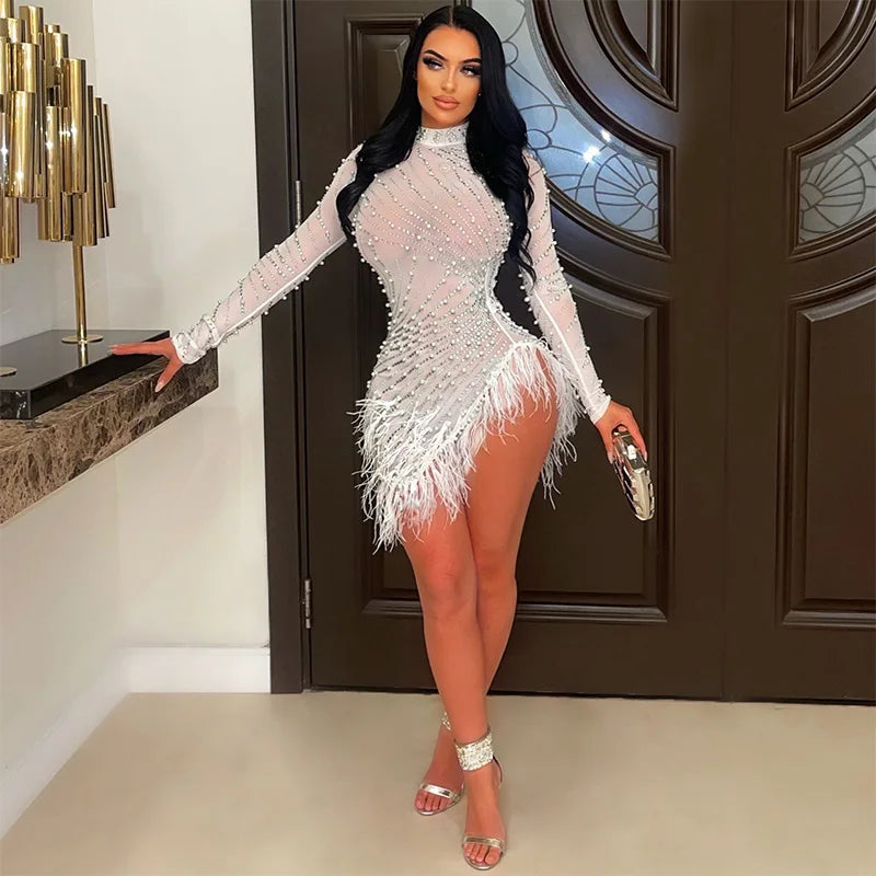Sexy Pearls Rhinestone Party Dresses Women Elegant Nightclub Feather Birthday Dress Long Sleeve Mesh Sheer Bodycon Dress