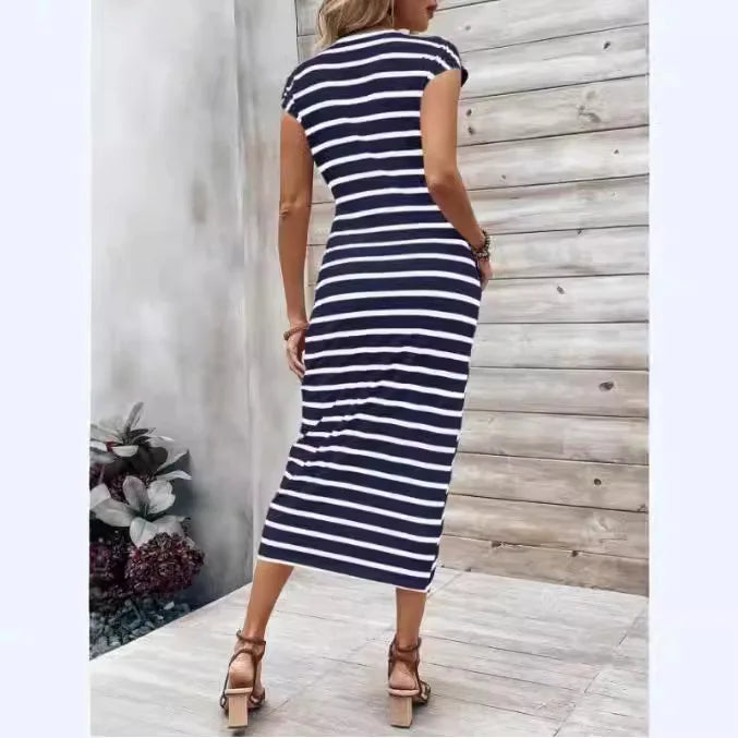 Elegant And Elegant Waist Lace Up Striped Round Neck Short Sleeve Long Dress Summer Party Bodycon Women's Dresses