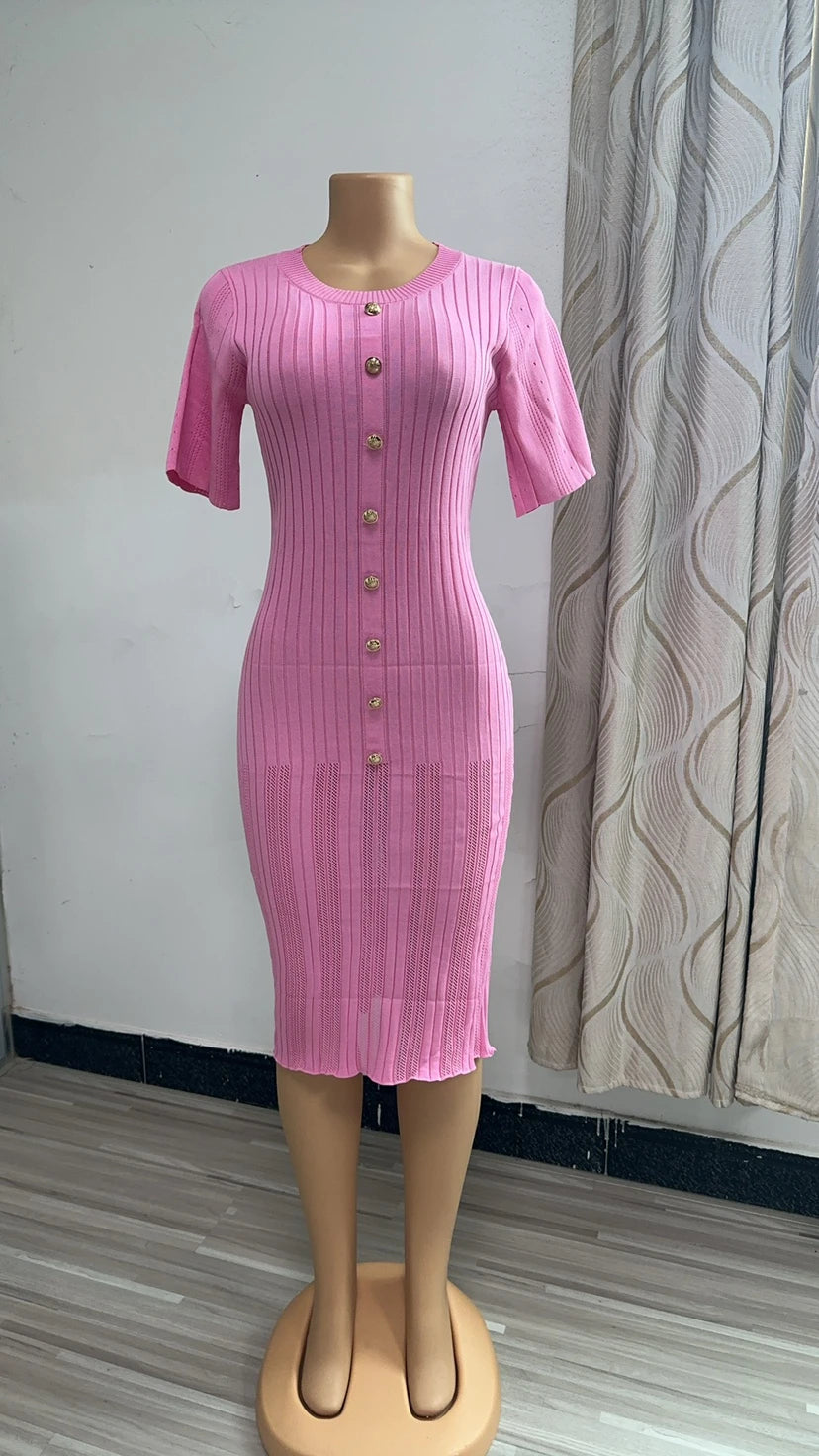Joskaa Knitted Striped Buttons Round Neck Short Sleeve Body-Shaping Long Dresses for Women Birthday Party Clubwear Streetwear