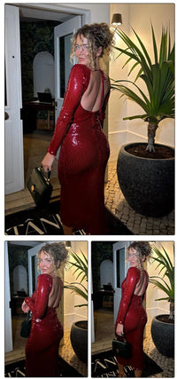 VC Summer New Women's Sexy Deep V-Neck Sequins Long Dress Long Sleeves Cut Out Strings Tied Elegant Luxury Celebrity Party Gowns