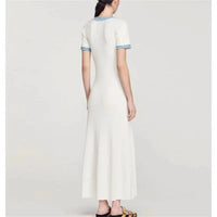 Elegant Contrasting Women Knit Maxi Dress Chic O-neck Short Sleeve Metal Buttons Bodycon Dresses Office Lady Commuting Robe