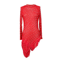 Sexy Pearls Rhinestone Party Dresses Women Elegant Nightclub Feather Birthday Dress Long Sleeve Mesh Sheer Bodycon Dress