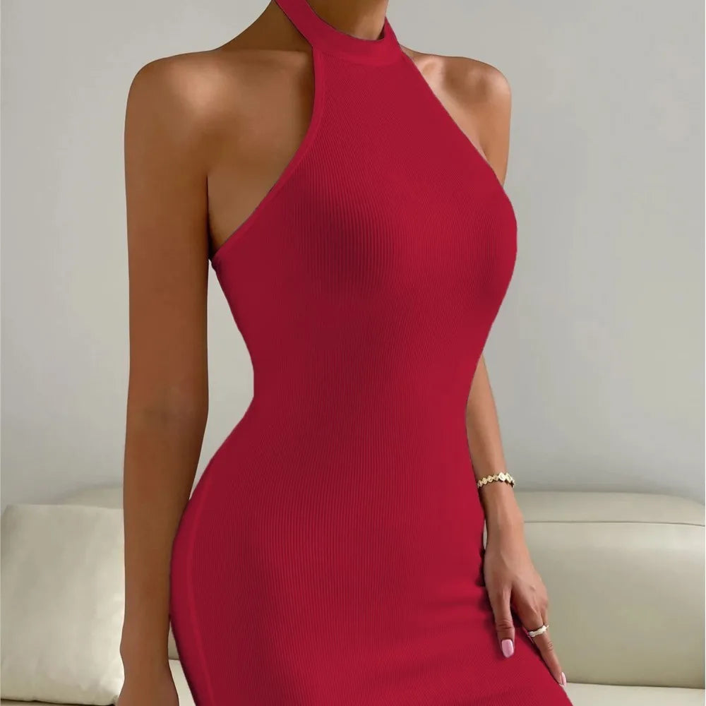 Sexy Knitted Halter Neck Mini Dresses Women Solid Color Bodycon Backless Knitwear Dress Fashion Streetwear Ladies Slim Vestidos