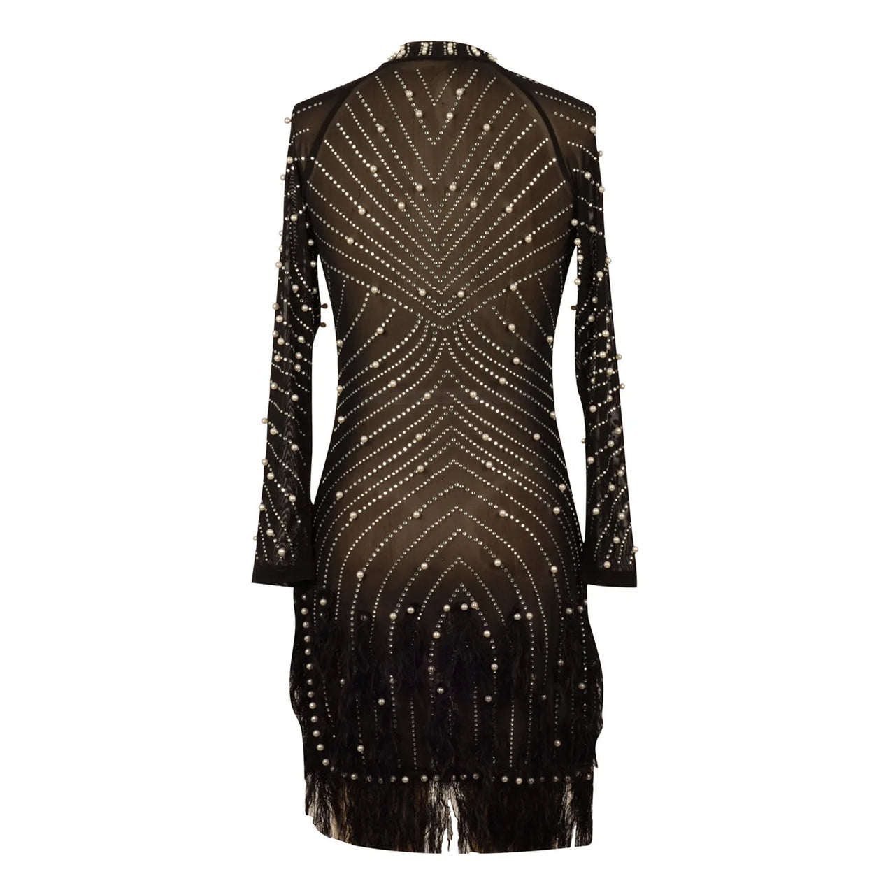 Sexy Pearls Rhinestone Party Dresses Women Elegant Nightclub Feather Birthday Dress Long Sleeve Mesh Sheer Bodycon Dress