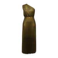 Elegant Women Even Dresses Luxury Maxi Long Metallic Pleated Dress One Shoulder Sleeveless Premium Shiny Shimmer Gowns