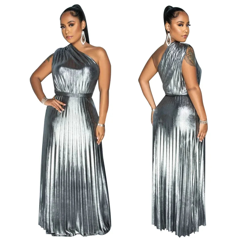 Elegant Women Even Dresses Luxury Maxi Long Metallic Pleated Dress One Shoulder Sleeveless Premium Shiny Shimmer Gowns