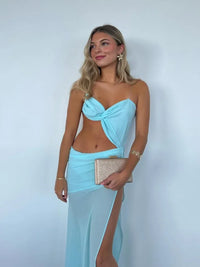 Vacation Hollow Out Mesh Long Sling Dress For Women Y2k Irregular Sleeveless Side Split Beach Suspender Dress Lady Evening Robe
