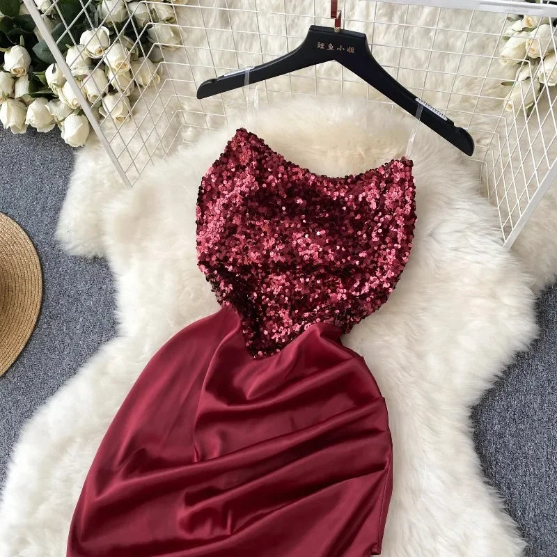 Chic Sequin Asymmetric Backless Slip Dress Sleeveless Korean Fashion Vestidos Women Vintage Summer Hip Wrap Dress