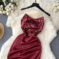 Chic Sequin Asymmetric Backless Slip Dress Sleeveless Korean Fashion Vestidos Women Vintage Summer Hip Wrap Dress