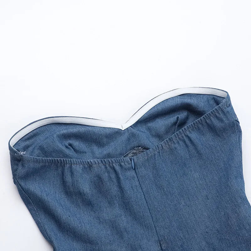 Leosoxs Fake Denim Strapless Sexy Dress Women Summer Trend Skinny Hipster Fashion Concert Birthday Party Clubwear Y2K Bodycon