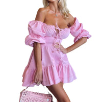 BAMBOOBOY Short Sexy Sleeve Mini Dress Women Summer Slash Neck Off Shoulder Bow Elegant Party Single Breasted Dresses for Women