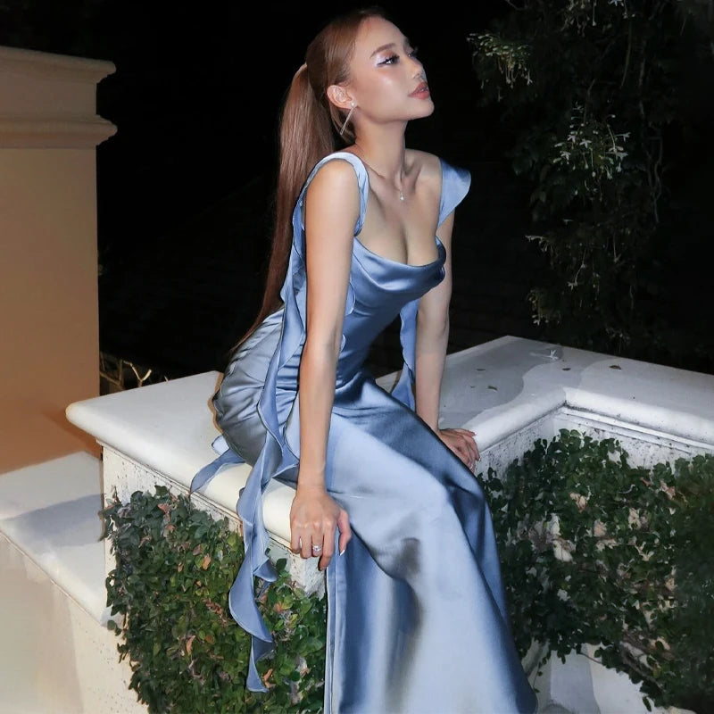 Dulzura Satin Backless Maxi Dress Tassels Sexy Sleeveless 2024 Summer Women Body-Shaping Clubwear Birthday Party Elegant