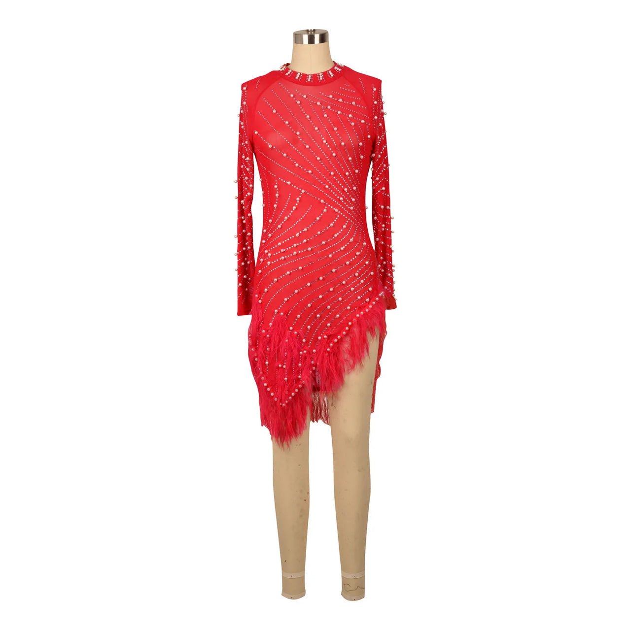 Sexy Pearls Rhinestone Party Dresses Women Elegant Nightclub Feather Birthday Dress Long Sleeve Mesh Sheer Bodycon Dress