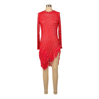 Sexy Pearls Rhinestone Party Dresses Women Elegant Nightclub Feather Birthday Dress Long Sleeve Mesh Sheer Bodycon Dress