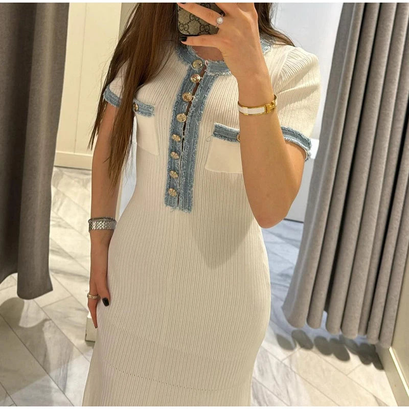 Women's Chic Ruffles Backless Lace Up Knitted Maxi Dress Elegant Round Neck Flare Long Sleeve Vestido 2024 Lady New Fashion Robe