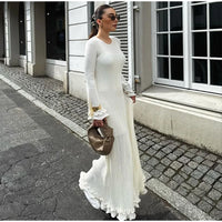 Women's Chic Ruffles Backless Lace Up Knitted Maxi Dress Elegant Round Neck Flare Long Sleeve Vestido 2024 Lady New Fashion Robe