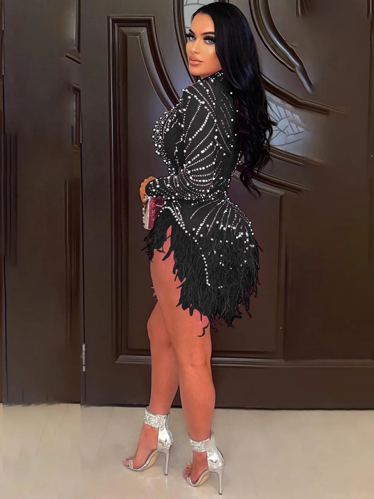 Sexy Pearls Rhinestone Party Dresses Women Elegant Nightclub Feather Birthday Dress Long Sleeve Mesh Sheer Bodycon Dress