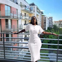 Joskaa Knitted Striped Buttons Round Neck Short Sleeve Body-Shaping Long Dresses for Women Birthday Party Clubwear Streetwear