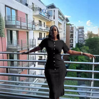 Joskaa Knitted Striped Buttons Round Neck Short Sleeve Body-Shaping Long Dresses for Women Birthday Party Clubwear Streetwear