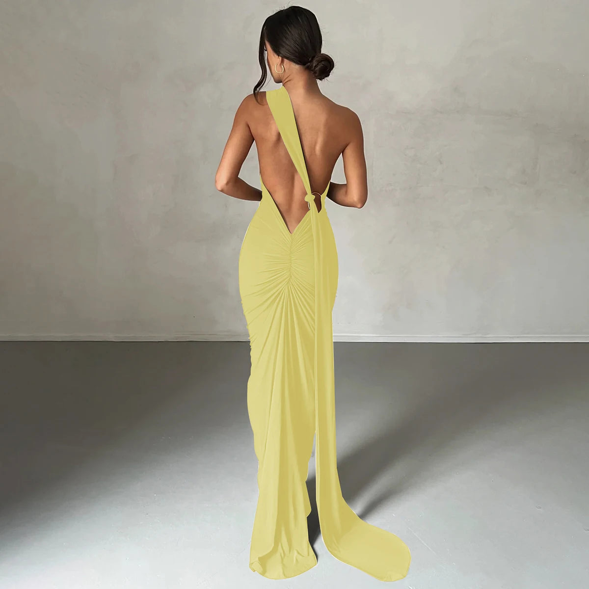 Hugcitar One Shoulder Backless Adjustable Scarf Loop Ruched Sexy Maxi Dress 2024 Women Elegant Y2K Streetwear Festival Outfit