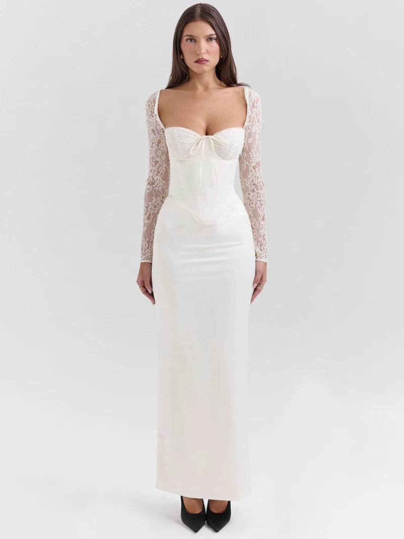 Moziision Lace Long Sleeve Sexy Maxi Dress For Women White Square Collar Backless Back Split Bodycon Club Party Long Dress