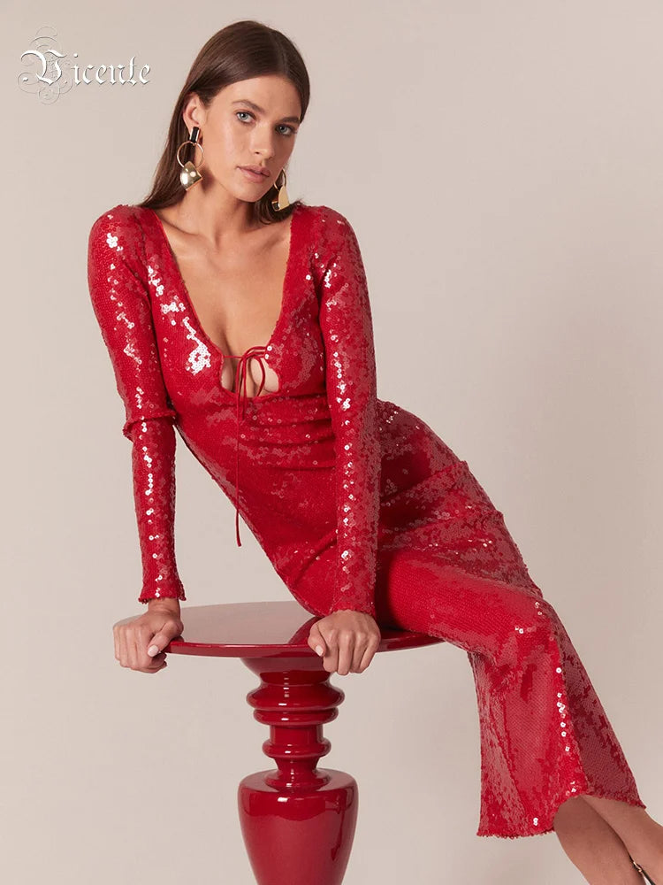 VC Summer New Women's Sexy Deep V-Neck Sequins Long Dress Long Sleeves Cut Out Strings Tied Elegant Luxury Celebrity Party Gowns