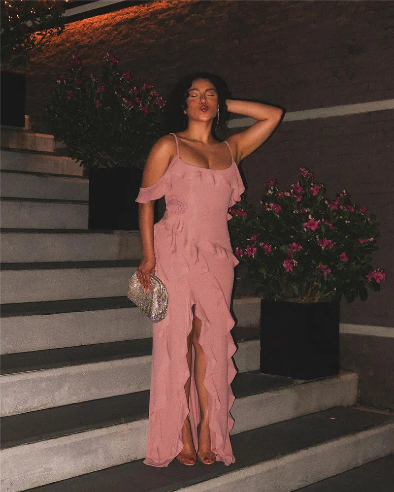 Mozision Elegant Ruffle Sexy Maxi Dress Women Spaghetti Strap Flower Sleeveless Backless High Split Club Party Evening Dress