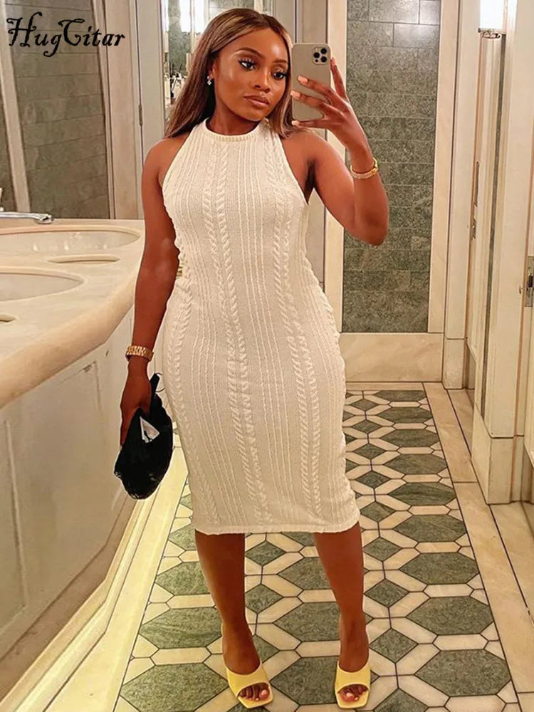 Hugcitar Crochet Sleeveless O-Neck Bodycon Solid Sexy Sweater Dress Summer Women Elegant Y2K Clothes Streetwear Party Club