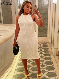 Hugcitar Crochet Sleeveless O-Neck Bodycon Solid Sexy Sweater Dress Summer Women Elegant Y2K Clothes Streetwear Party Club