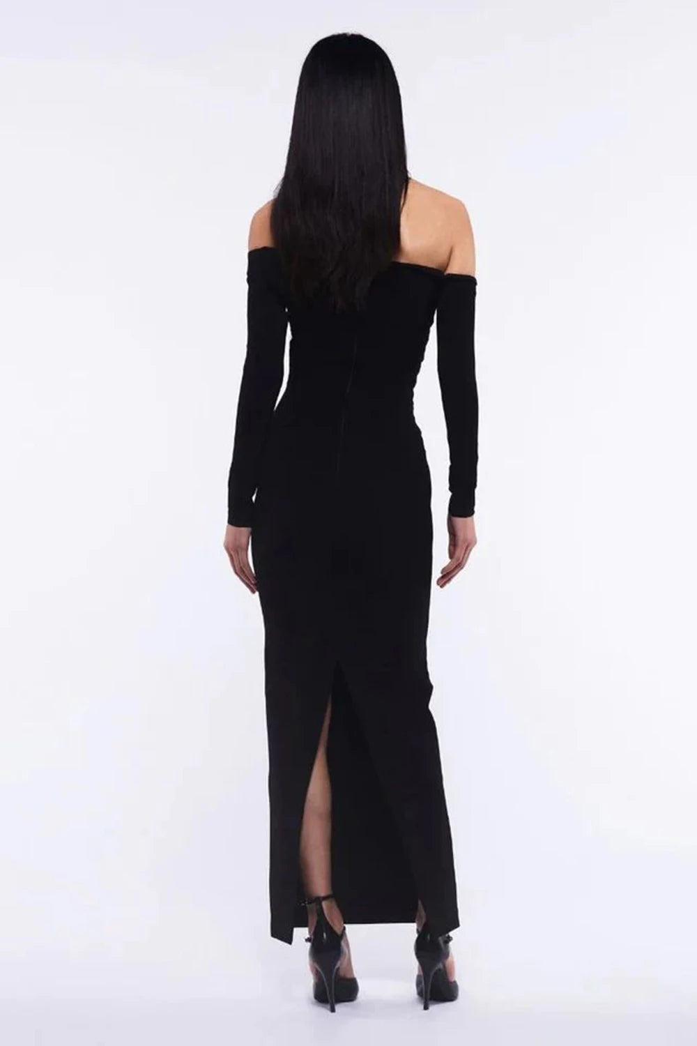 Women's New Sexy Black Decorative FlowerBreast wrapping Dress, Fashion Slim Fit Open Back Bottom Split Party Dress Long