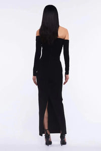 Women's New Sexy Black Decorative FlowerBreast wrapping Dress, Fashion Slim Fit Open Back Bottom Split Party Dress Long