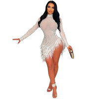 Sexy Pearls Rhinestone Party Dresses Women Elegant Nightclub Feather Birthday Dress Long Sleeve Mesh Sheer Bodycon Dress