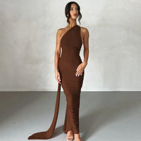 Hugcitar One Shoulder Backless Adjustable Scarf Loop Ruched Sexy Maxi Dress 2024 Women Elegant Y2K Streetwear Festival Outfit
