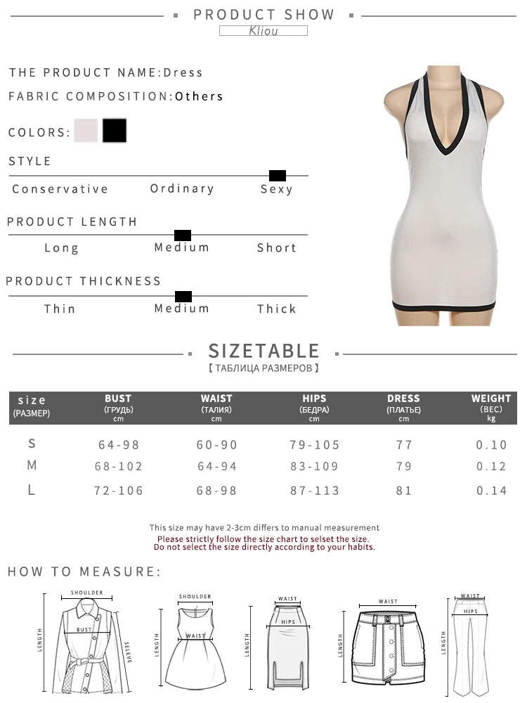 kliou Halter Women Dresses Classic New Panelled Trim Backless V-neck Body-shaping Simple Vestidos Female Summer Thin Streetwear
