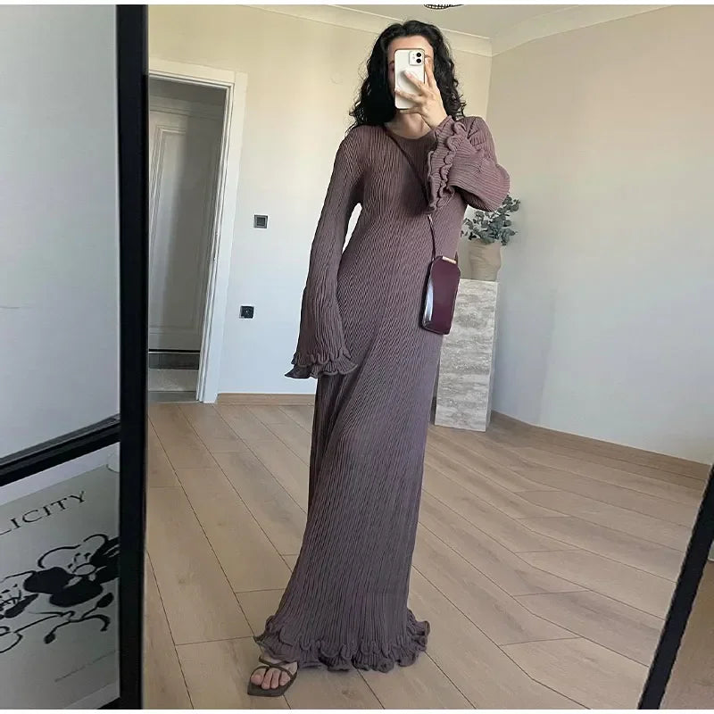 Women's Chic Ruffles Backless Lace Up Knitted Maxi Dress Elegant Round Neck Flare Long Sleeve Vestido 2024 Lady New Fashion Robe