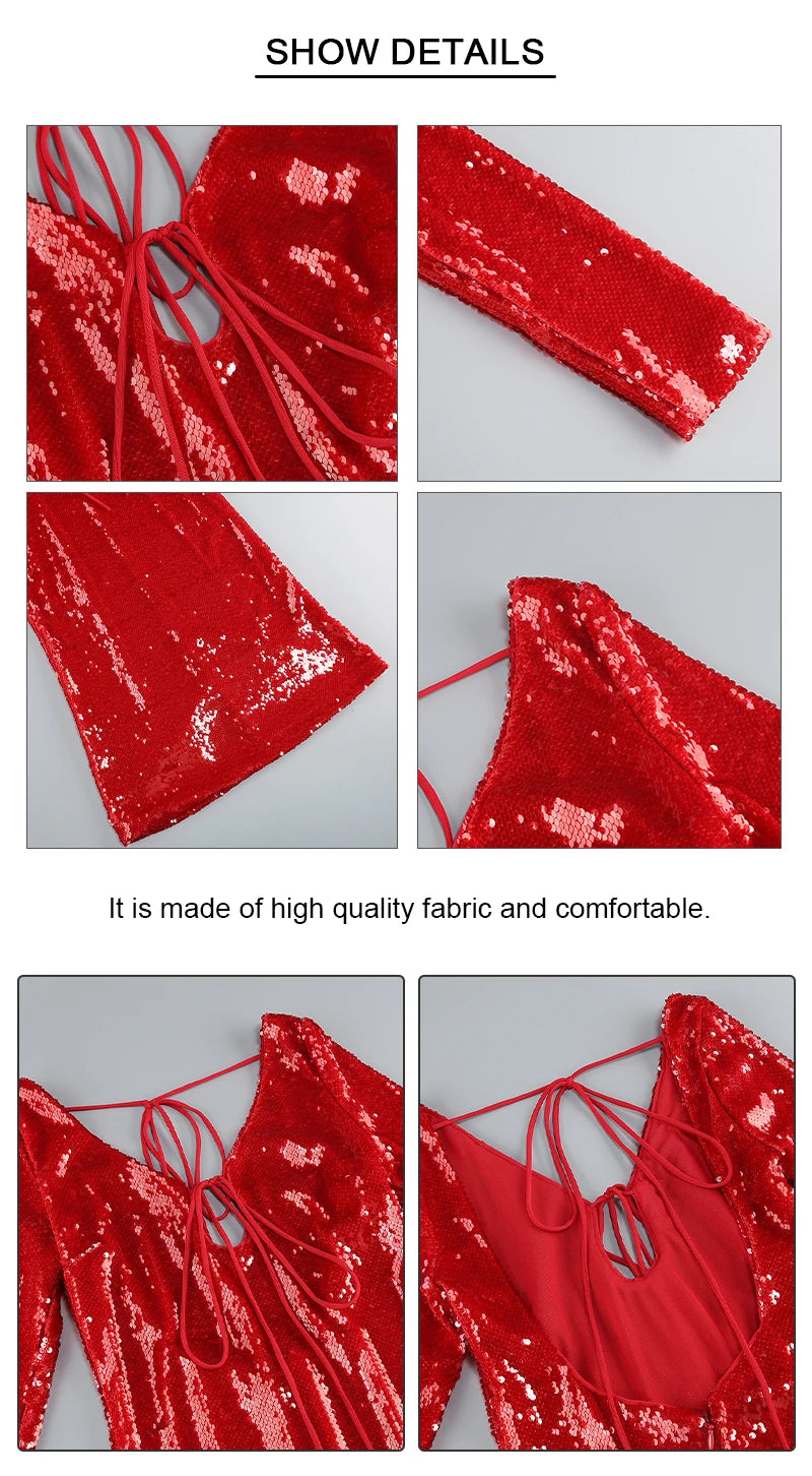 VC Summer New Women's Sexy Deep V-Neck Sequins Long Dress Long Sleeves Cut Out Strings Tied Elegant Luxury Celebrity Party Gowns