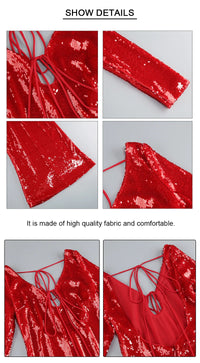 VC Summer New Women's Sexy Deep V-Neck Sequins Long Dress Long Sleeves Cut Out Strings Tied Elegant Luxury Celebrity Party Gowns