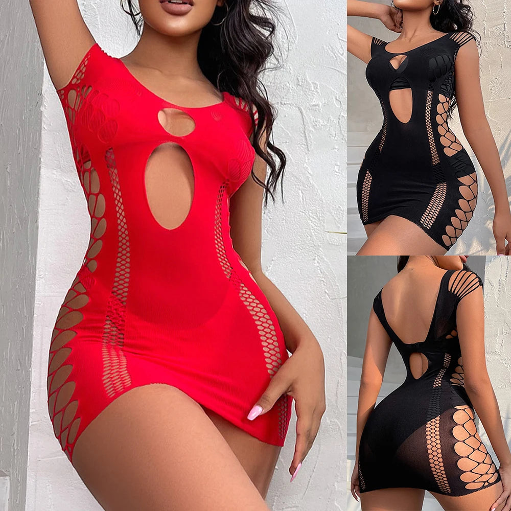 Women's Sleeveless O-neck Bodycone Mini Dress Fishnet See Through Hollow Backless Sexy Ladies Short Dresses