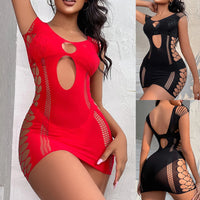 Women's Sleeveless O-neck Bodycone Mini Dress Fishnet See Through Hollow Backless Sexy Ladies Short Dresses