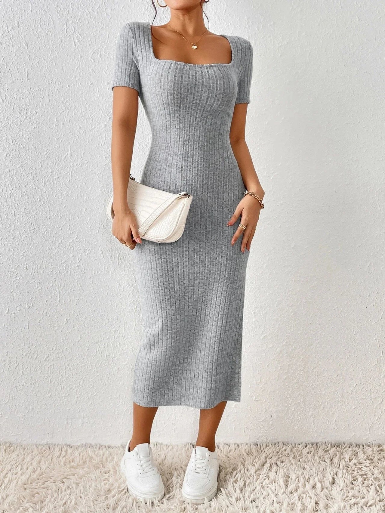 Women Spring Summer Style Knitted Dress Lady Casual Short Sleeve Square Collar Side Slit Dress Vestidos