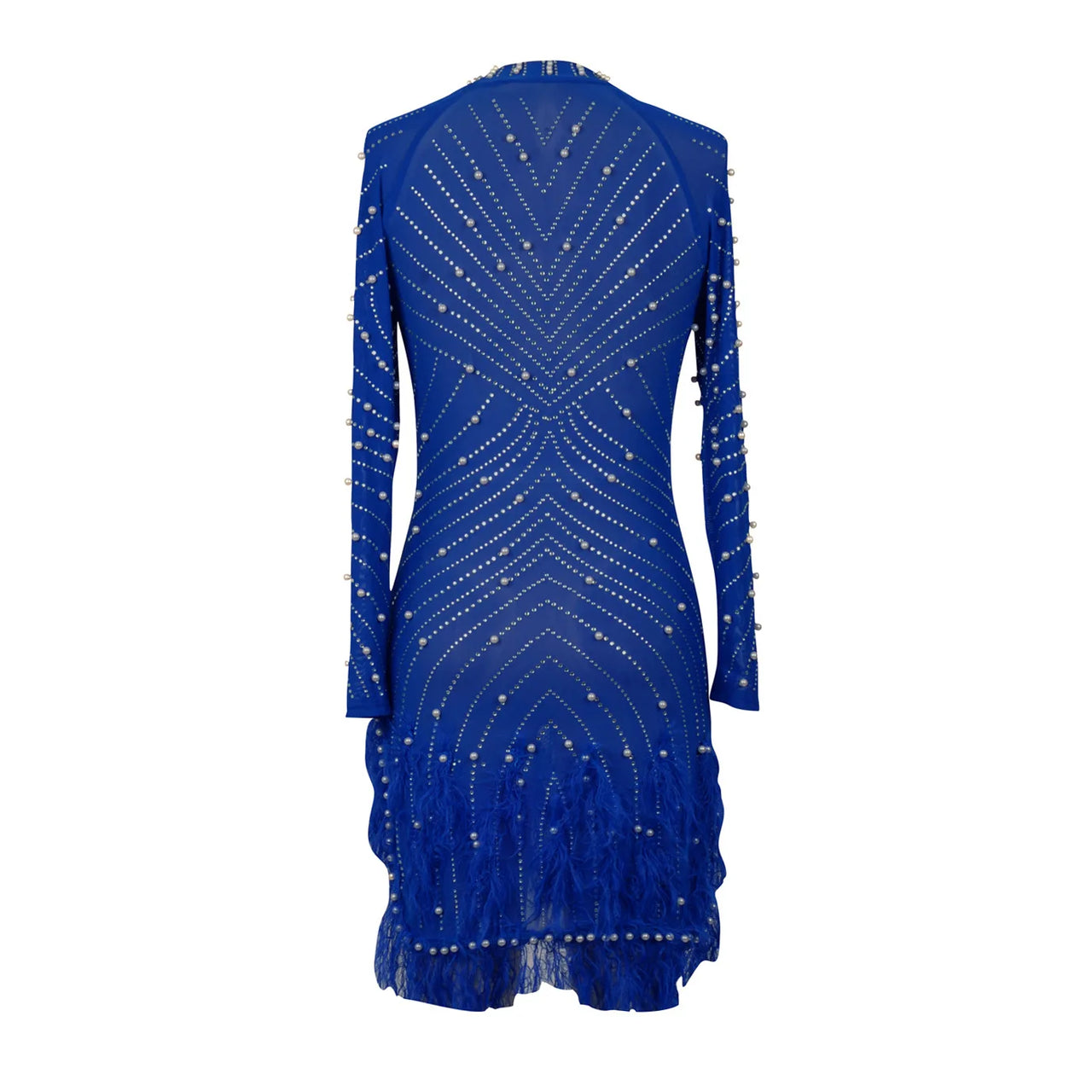 Sexy Pearls Rhinestone Party Dresses Women Elegant Nightclub Feather Birthday Dress Long Sleeve Mesh Sheer Bodycon Dress