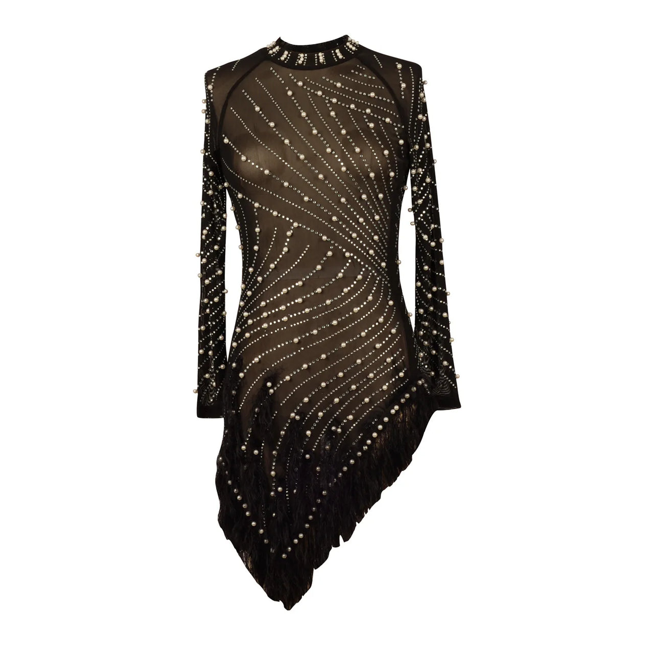 Sexy Pearls Rhinestone Party Dresses Women Elegant Nightclub Feather Birthday Dress Long Sleeve Mesh Sheer Bodycon Dress