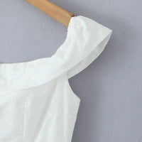 Sexy White Embroidery Flower Roll up Collar Off Shoulder Low Waist Ruched Pleated Swing Mini Dress Women Sexy Summer Robe Party