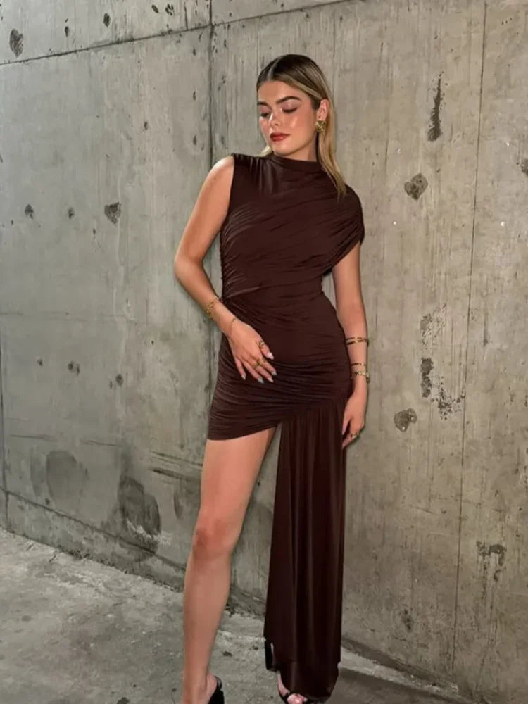 Women Fashion Irregular Pleated Tassels Mini Dress Elegant Turtleneck Sleeveless High Waist Vestidos 2025 New Party Club Dresses