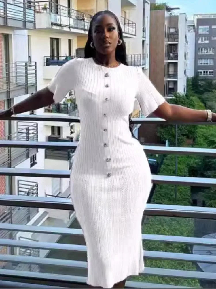 Joskaa Knitted Striped Buttons Round Neck Short Sleeve Body-Shaping Long Dresses for Women Birthday Party Clubwear Streetwear