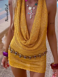 Sexy Sequin Halter Short Dress Women Backless Sleeveless Hip Package Party Dresses Female 2025 Summer Chic Night Club Robe Lady