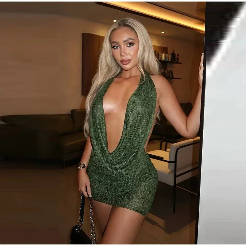 Sexy Sequin Halter Short Dress Women Backless Sleeveless Hip Package Party Dresses Female 2025 Summer Chic Night Club Robe Lady