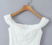 Sexy White Embroidery Flower Roll up Collar Off Shoulder Low Waist Ruched Pleated Swing Mini Dress Women Sexy Summer Robe Party